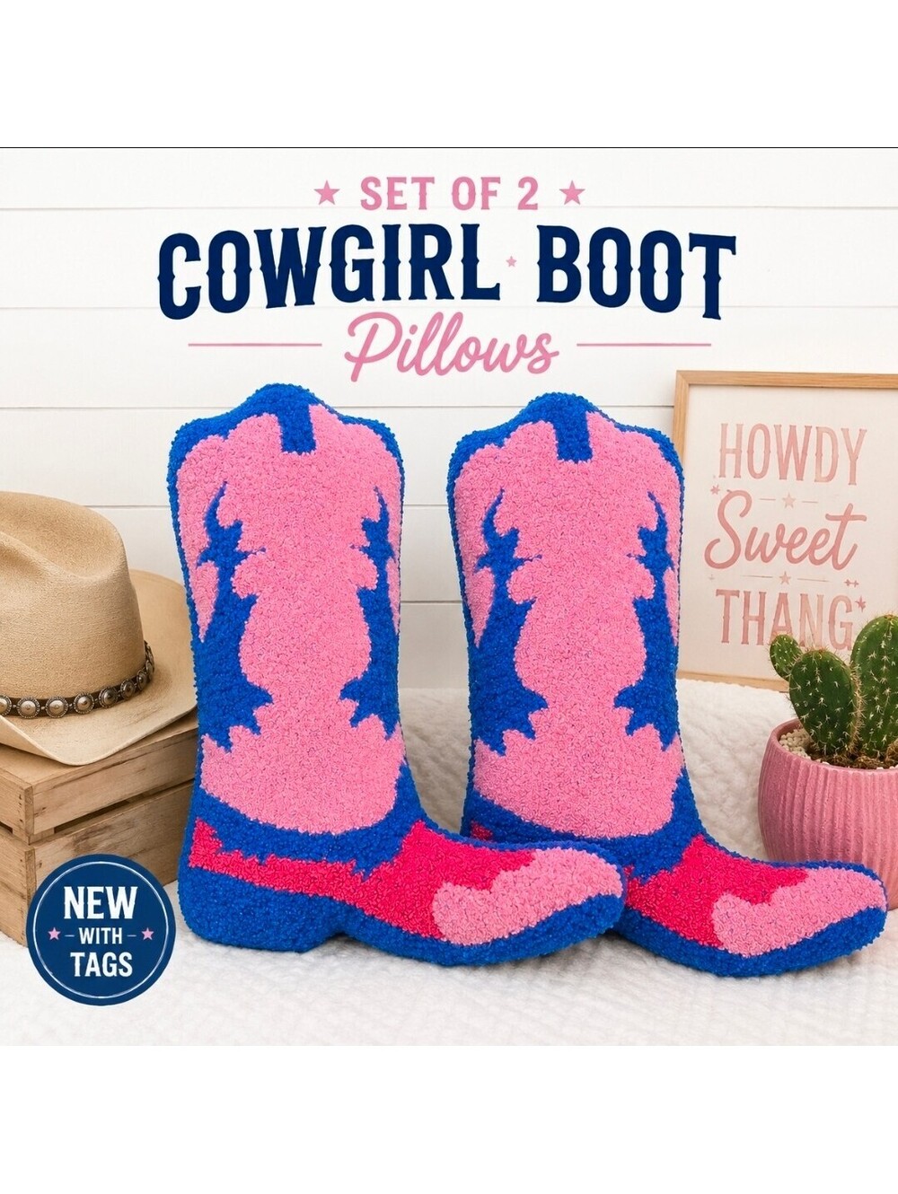 Luxe Collection Cowgirl Boot Shaped Pillows Set of 2 Pink Blue Western NWT